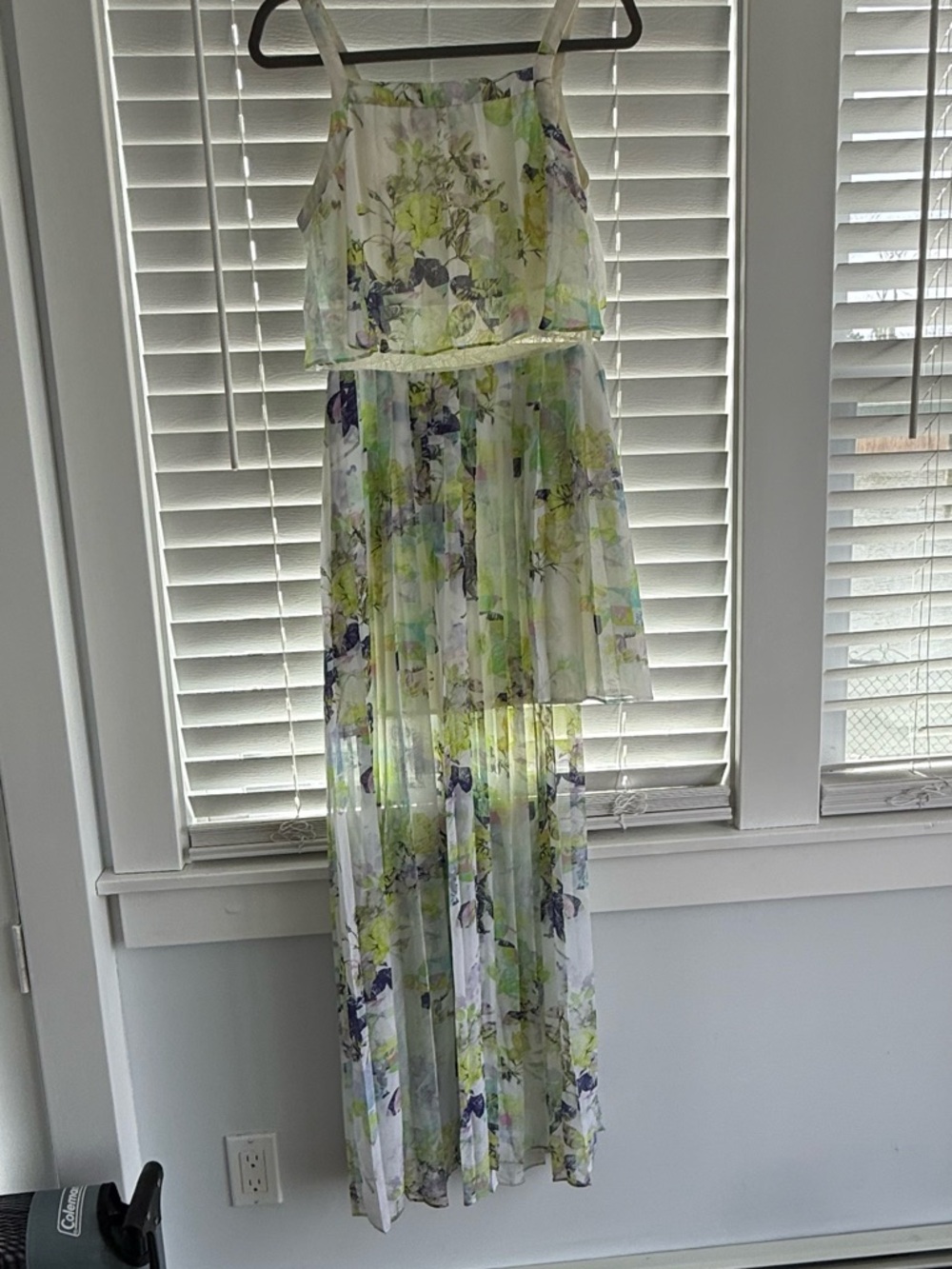 BCBGeneration White Floral Print Maxi Dress with Lime & Navy Accents